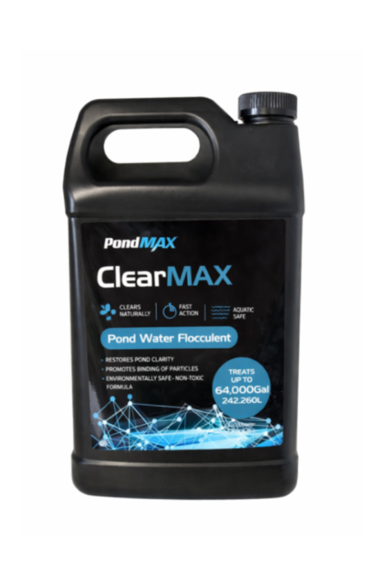 Black container of PondMax ClearMAX Pond Water Flocculent on a white background