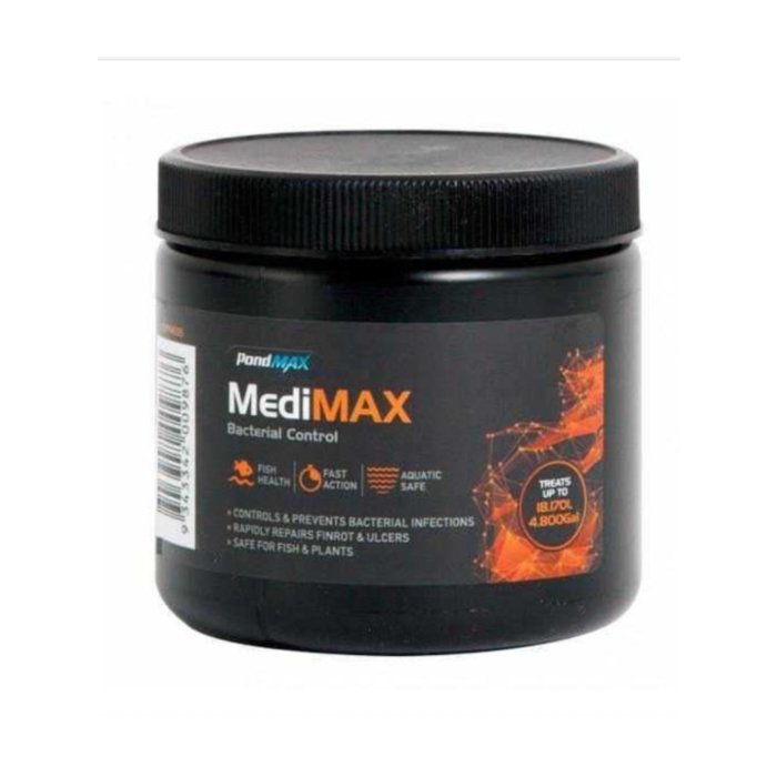 Black container of MediMAX Bacterial Control with branding and product details on a white background