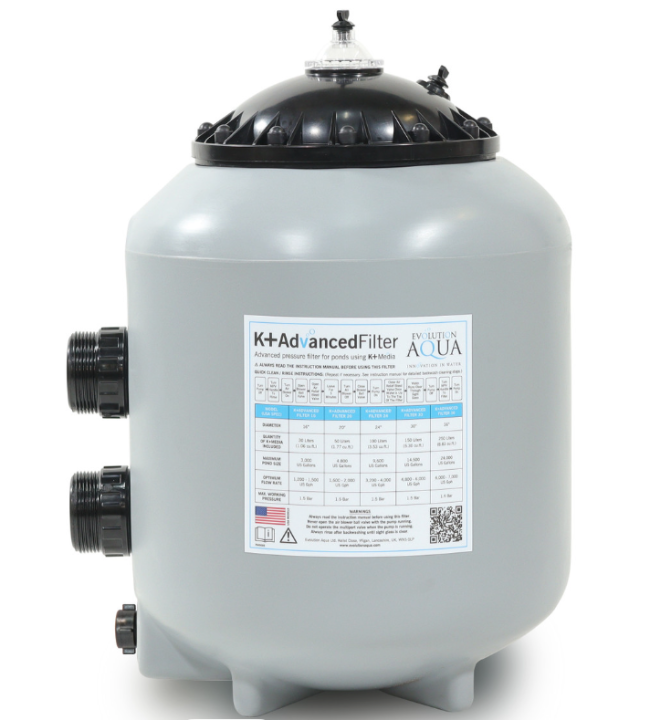 Gray filter tank with black top and side connections on a white background